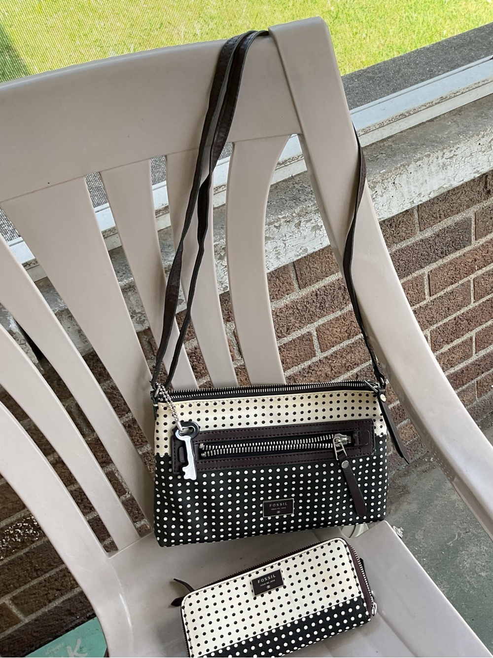 Fossil Black and Cream Polka Dot Crossbody Bag &WALLET